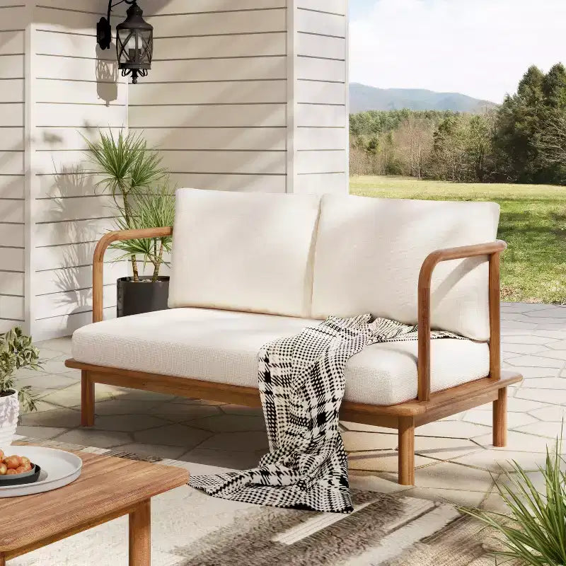 Ensemble de salon de jardin 2 pièces moderne Kazuya en bois d'acacia Christopher Knight Home avec coussin