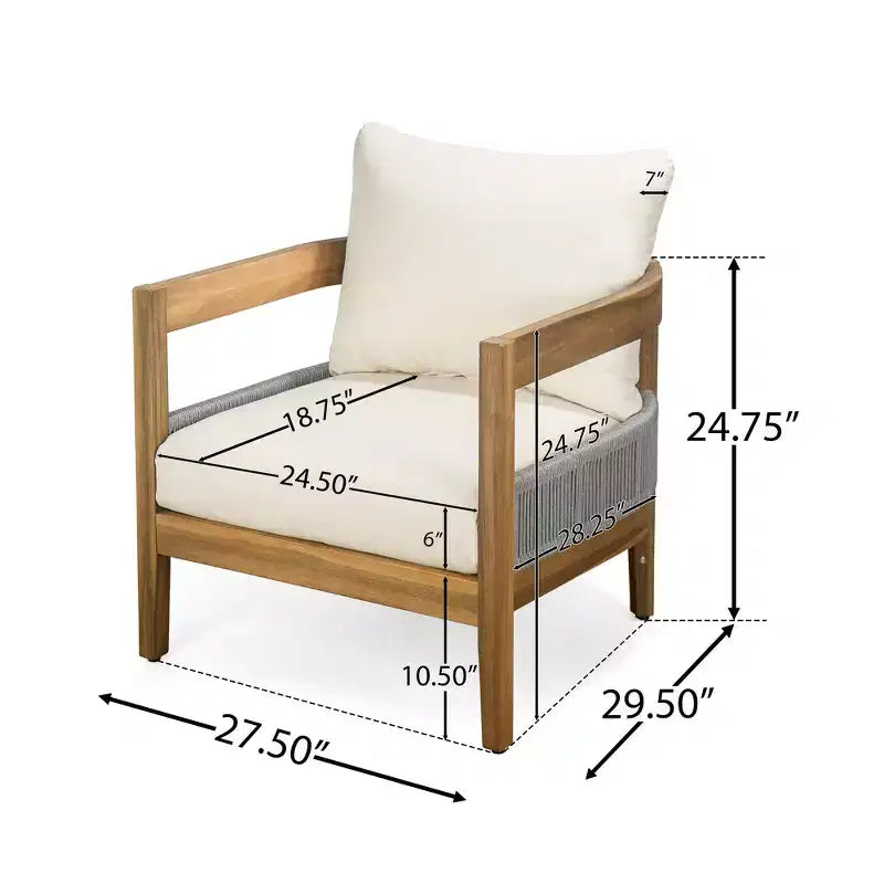 Whisen, ensemble fauteuil club et table d'appoint d'extérieur en bois d'acacia, fauteuil de jardin avec coussins – Beige