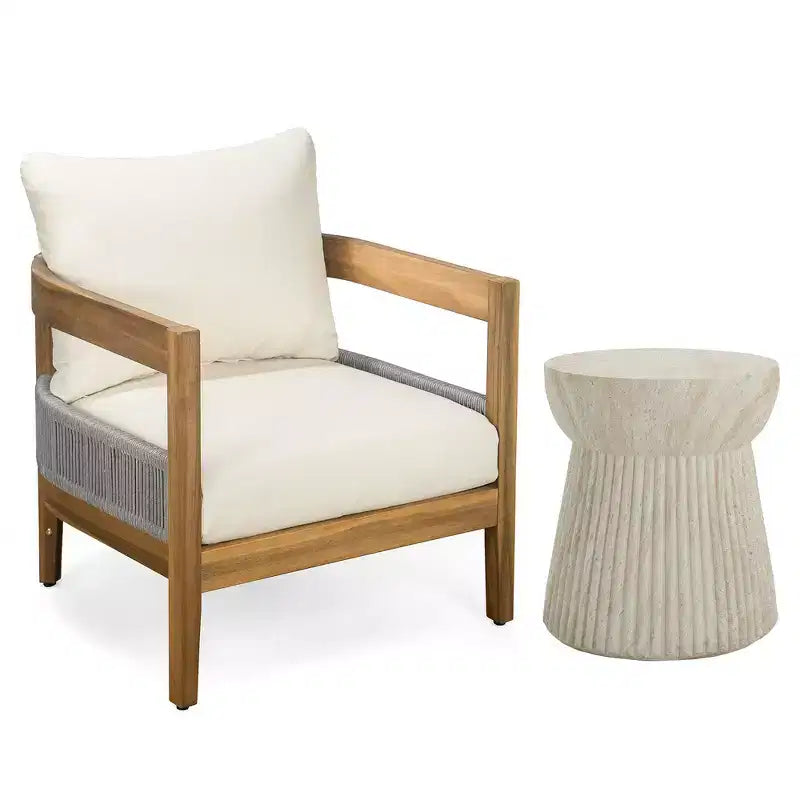 Whisen, ensemble fauteuil club et table d'appoint d'extérieur en bois d'acacia, fauteuil de jardin avec coussins – Beige