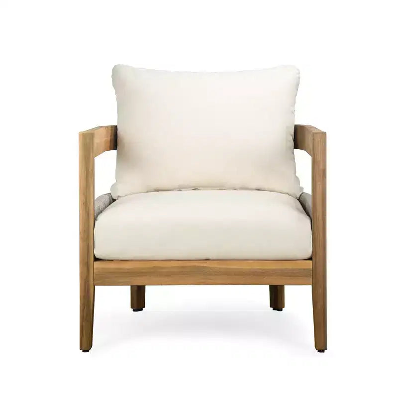 Whisen, ensemble fauteuil club et table d'appoint d'extérieur en bois d'acacia, fauteuil de jardin avec coussins – Beige