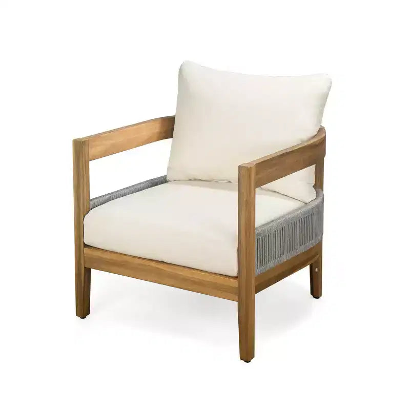 Whisen, ensemble fauteuil club et table d'appoint d'extérieur en bois d'acacia, fauteuil de jardin avec coussins – Beige