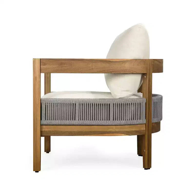 Whisen, ensemble fauteuil club et table d'appoint d'extérieur en bois d'acacia, fauteuil de jardin avec coussins – Beige