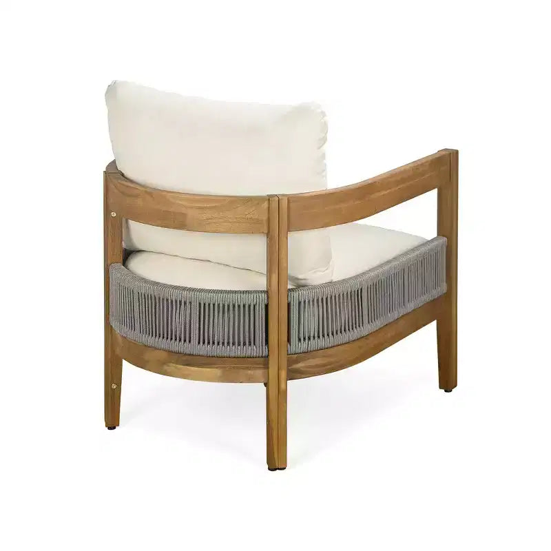 Whisen, ensemble fauteuil club et table d'appoint d'extérieur en bois d'acacia, fauteuil de jardin avec coussins – Beige
