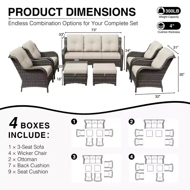 Ensemble canapé et fauteuil en osier oléfine tout temps UPTIOT avec poufs multifonctionnels