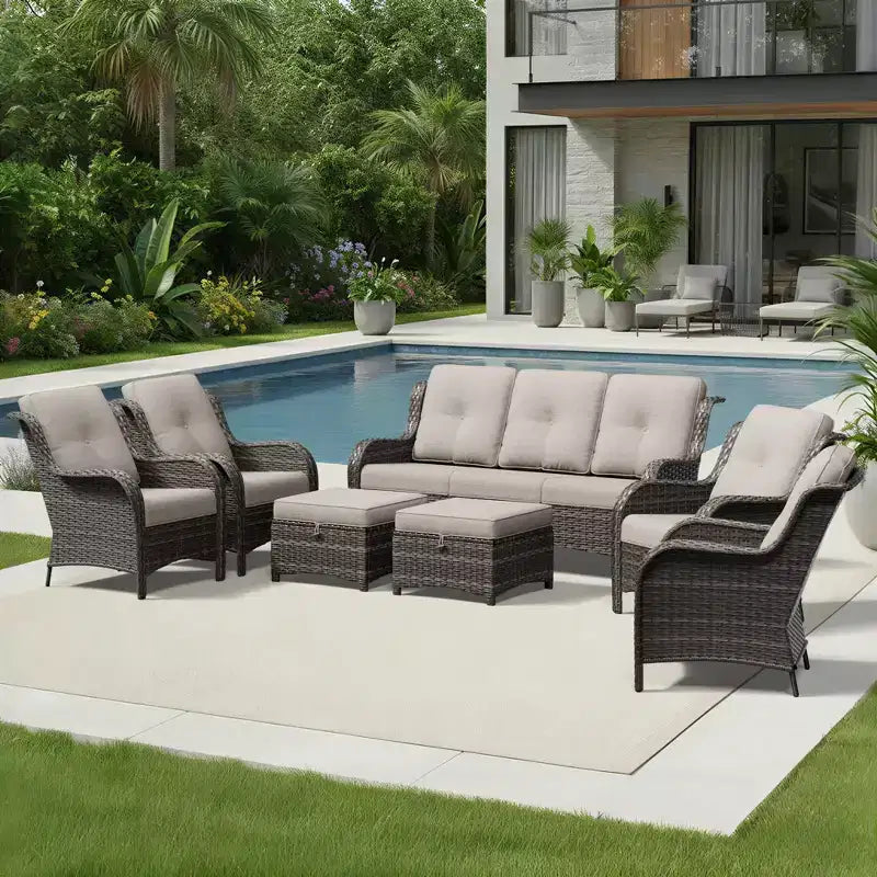 Ensemble canapé et fauteuil en osier oléfine tout temps UPTIOT avec poufs multifonctionnels