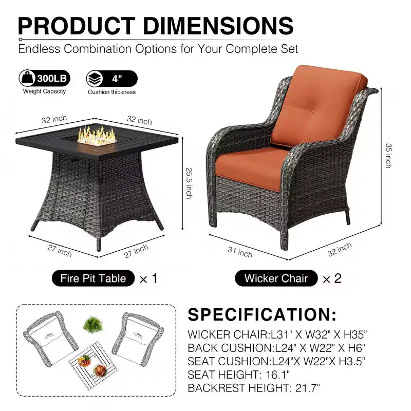 Ensemble de 2 chaises en osier d'extérieur UPTIOT avec table foyer et coussins tout temps