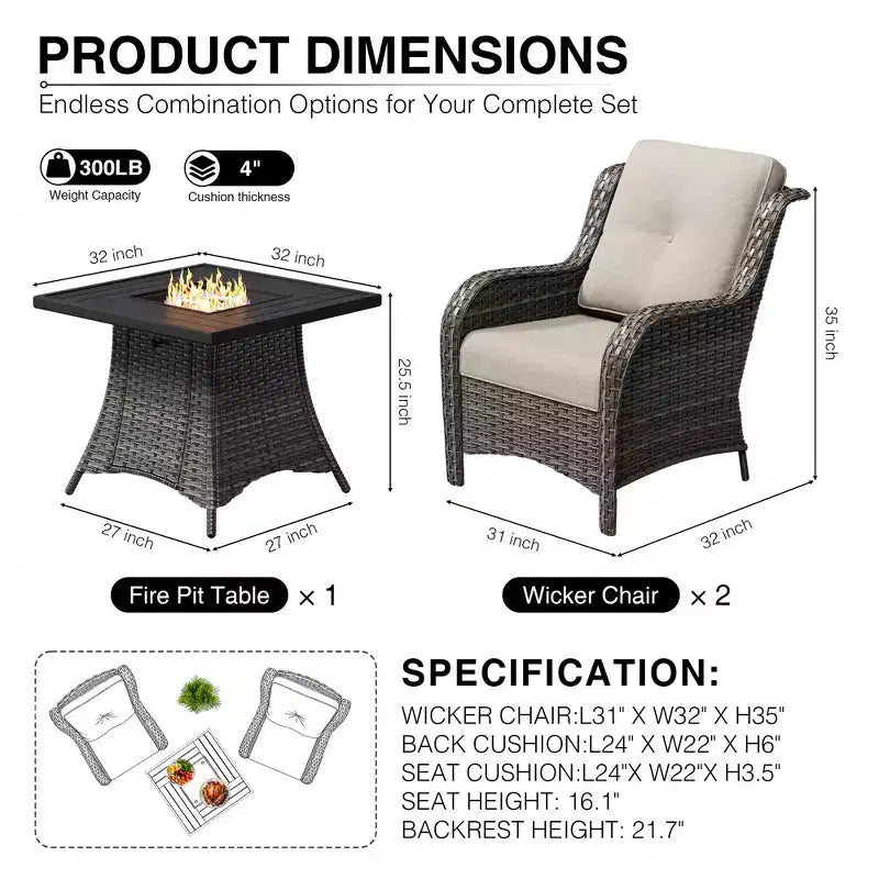Ensemble de 2 chaises en osier d'extérieur UPTIOT avec table foyer et coussins tout temps