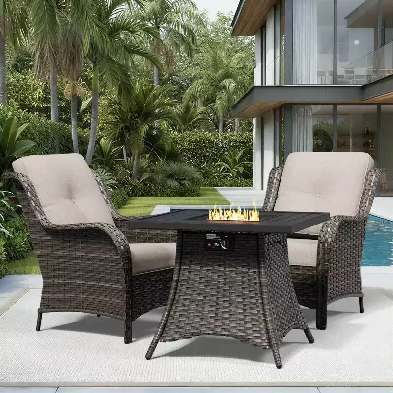 UPTIOT Outdoor 2-Piece Wicker Chair Set with Fire Pit Table and All-Weather Cushions