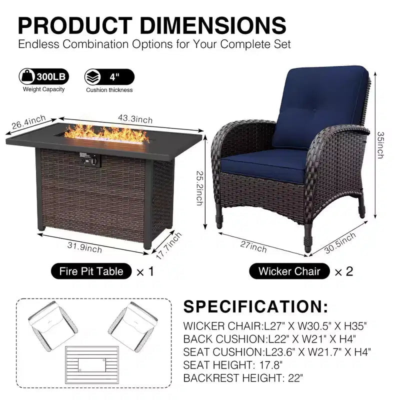 Chaises d'extérieur en osier UPTIOT avec table brasero convertible pour la détente sur la terrasse