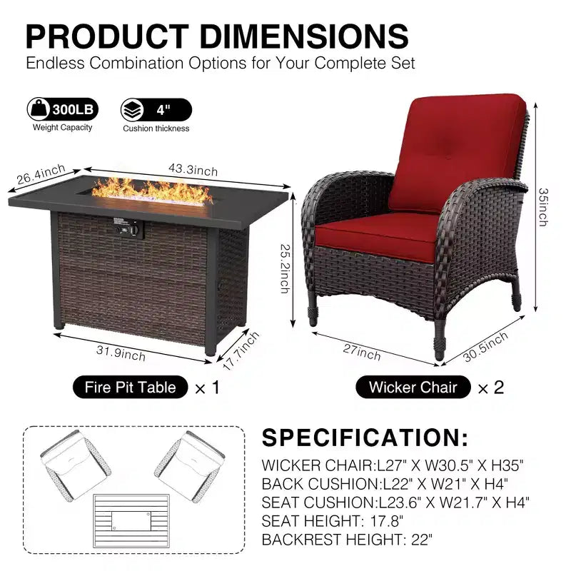 Chaises d'extérieur en osier UPTIOT avec table brasero convertible pour la détente sur la terrasse