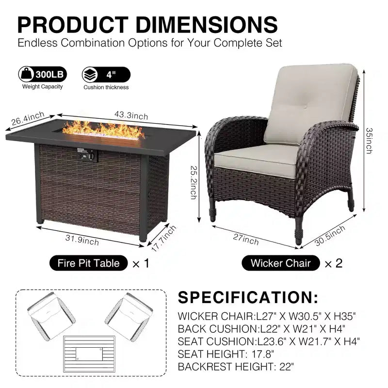Chaises d'extérieur en osier UPTIOT avec table brasero convertible pour la détente sur la terrasse