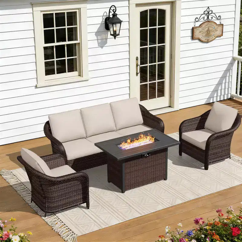 UPTIOT All-Weather Outdoor Lounge Set with Fire Pit - 1 Sofa, 2 Chairs & Fire Table