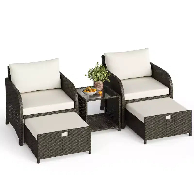 5-Piece Patio Conversation Set, Outdoor Wicker Furniture with Tempered Glass Coffee Table, Chairs with Ottomans & Cushions for Garden, Backyard