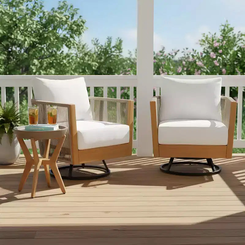 Christopher Knight Home Nguyen Ensemble de 3 chaises pivotantes de patio modernes en acacia avec design en corde et table d'appoint