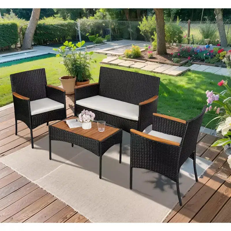 Salon de jardin 4 pièces Celebalcony, ensemble de mobilier de conversation d'extérieur en osier avec coussins et plateau de table en bois pour patio, pelouse, piscine, noir