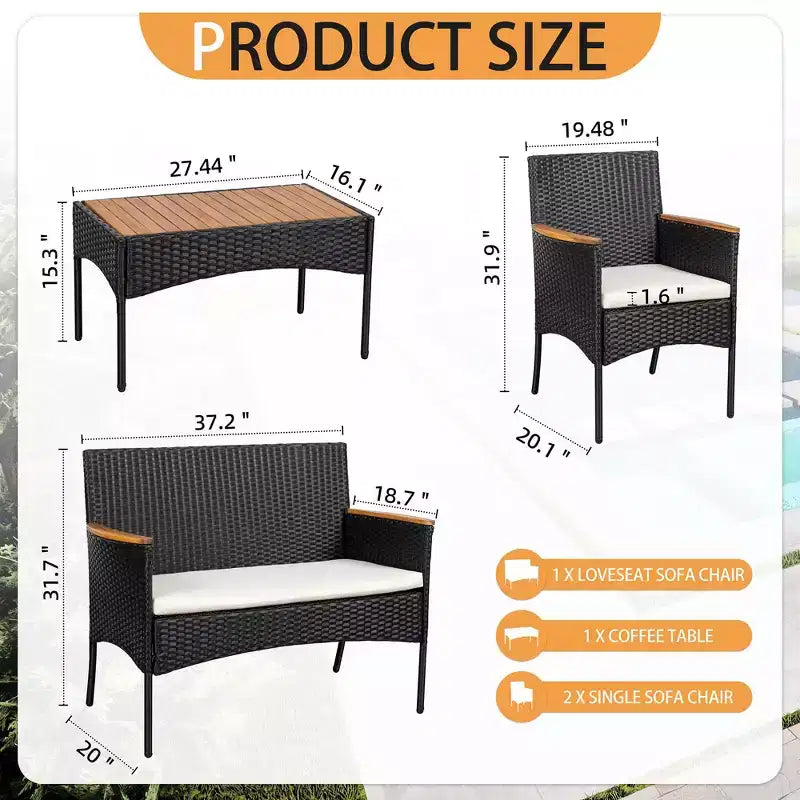 Salon de jardin 4 pièces Celebalcony, ensemble de mobilier de conversation d'extérieur en osier avec coussins et plateau de table en bois pour patio, pelouse, piscine, noir