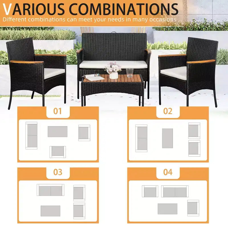 Salon de jardin 4 pièces Celebalcony, ensemble de mobilier de conversation d'extérieur en osier avec coussins et plateau de table en bois pour patio, pelouse, piscine, noir