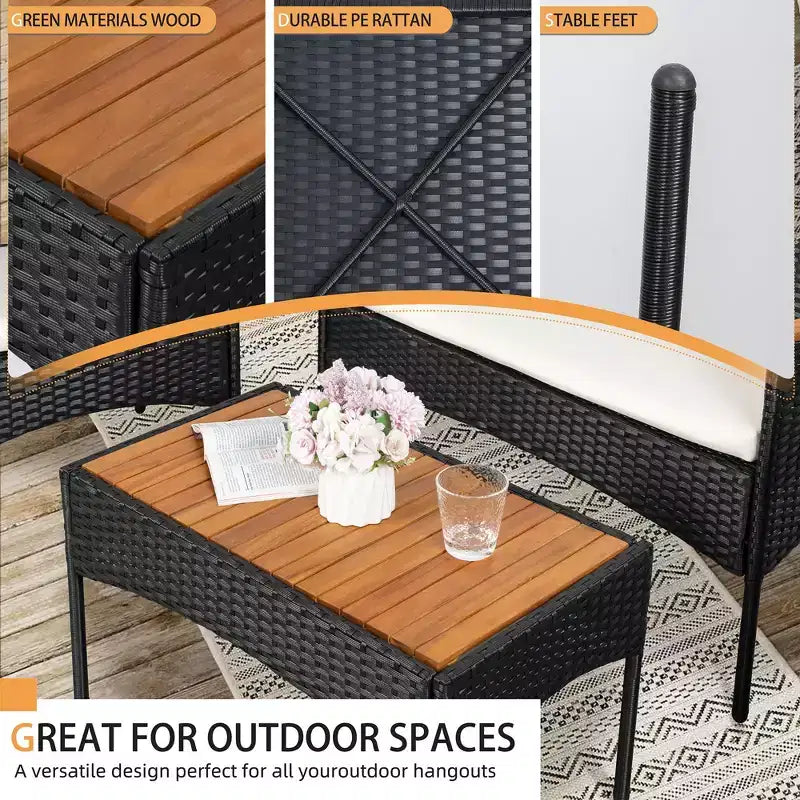 Salon de jardin 4 pièces Celebalcony, ensemble de mobilier de conversation d'extérieur en osier avec coussins et plateau de table en bois pour patio, pelouse, piscine, noir