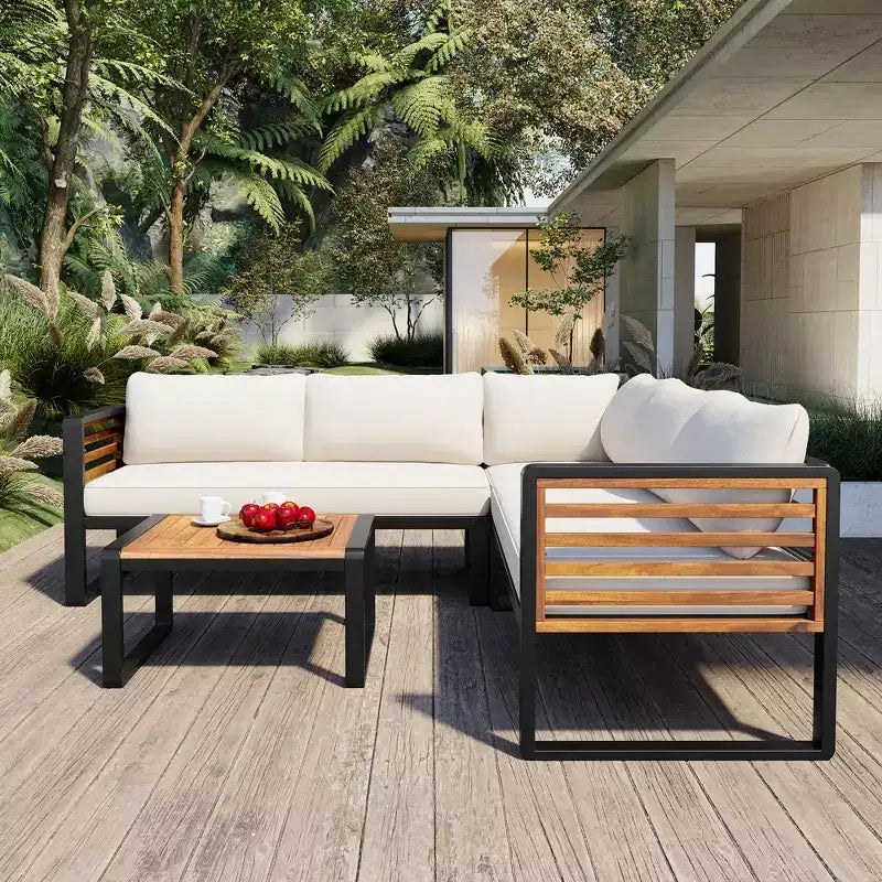 GDFStudio Cameron Salon de jardin moderne 4 pièces en bois d'acacia et métal avec table basse et coussins