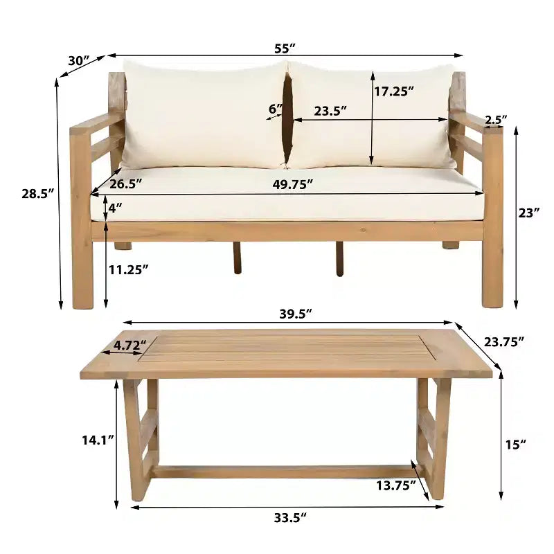 Ensemble de 5 meubles de patio ModernLuxe en bois d'acacia avec table basse, salon de jardin avec coussins beiges, finition teck clair