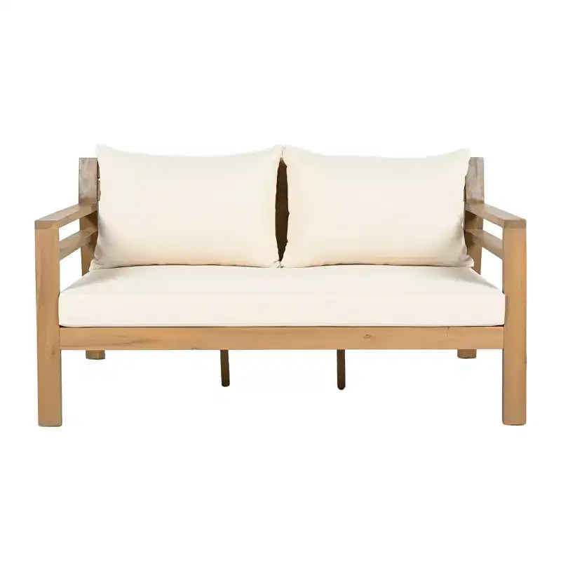 Ensemble de 5 meubles de patio ModernLuxe en bois d'acacia avec table basse, salon de jardin avec coussins beiges, finition teck clair