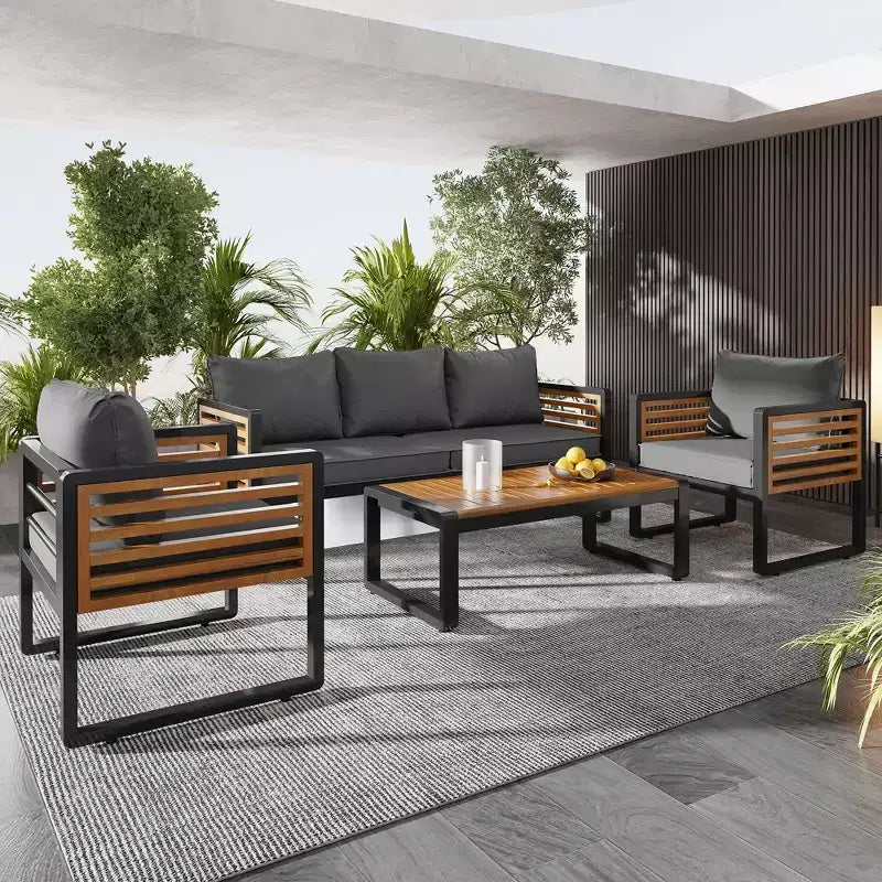 GDFStudio Vera Ensemble de conversation 4 pièces moderne en métal et bois d'acacia avec table basse et coussins pour patio