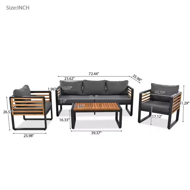 GDFStudio Vera Ensemble de conversation 4 pièces moderne en métal et bois d'acacia avec table basse et coussins pour patio