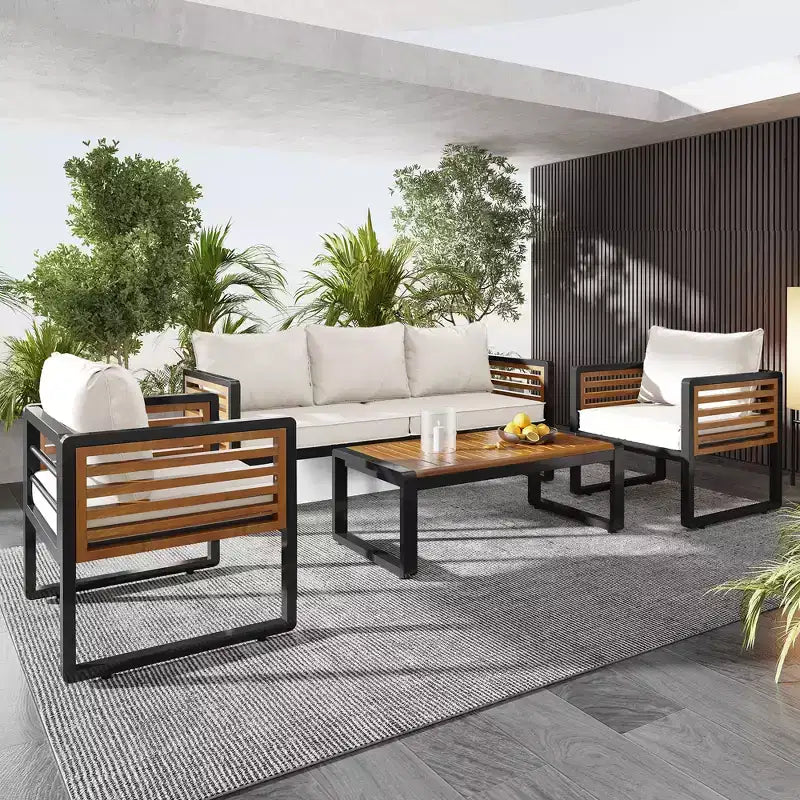 GDFStudio Vera Ensemble de conversation 4 pièces moderne en métal et bois d'acacia avec table basse et coussins pour patio