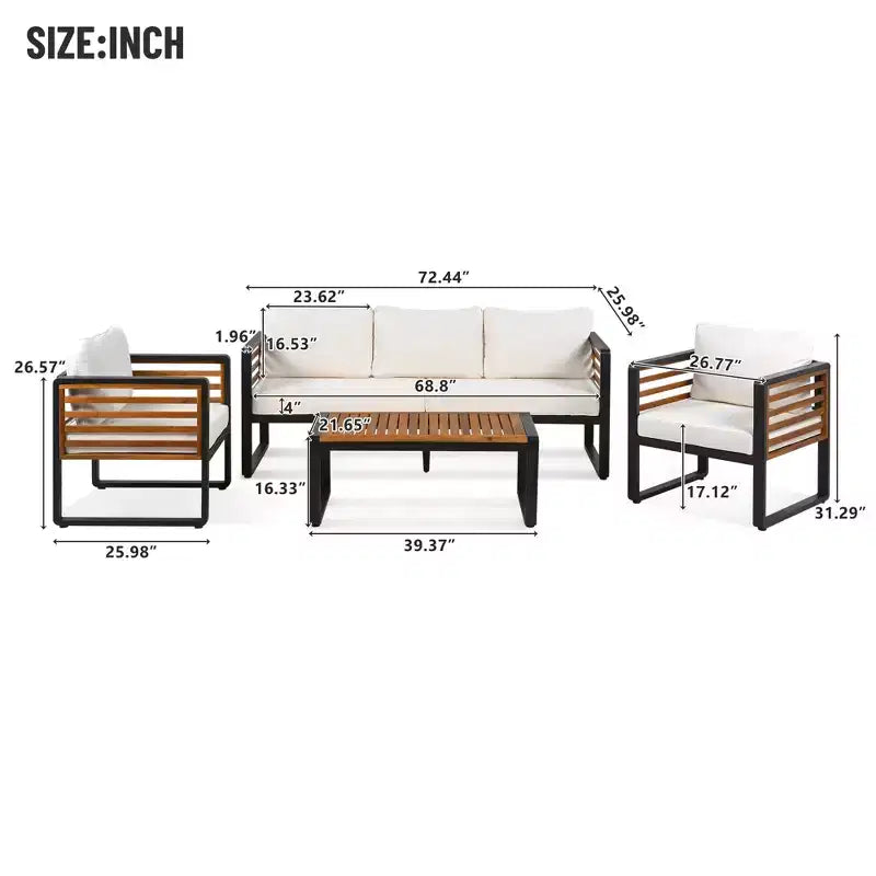 GDFStudio Vera Ensemble de conversation 4 pièces moderne en métal et bois d'acacia avec table basse et coussins pour patio