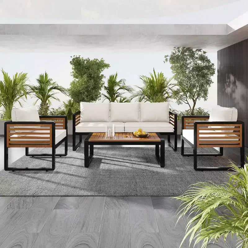 GDFStudio Vera Patio Modern Metal and Acacia Wood 4-Piece Conversation Sofa Set with Coffee Table and Cushions