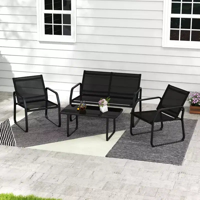 Ensemble de conversation de patio Costway 4 pièces avec siège en tissu respirant et plateau de table en verre trempé