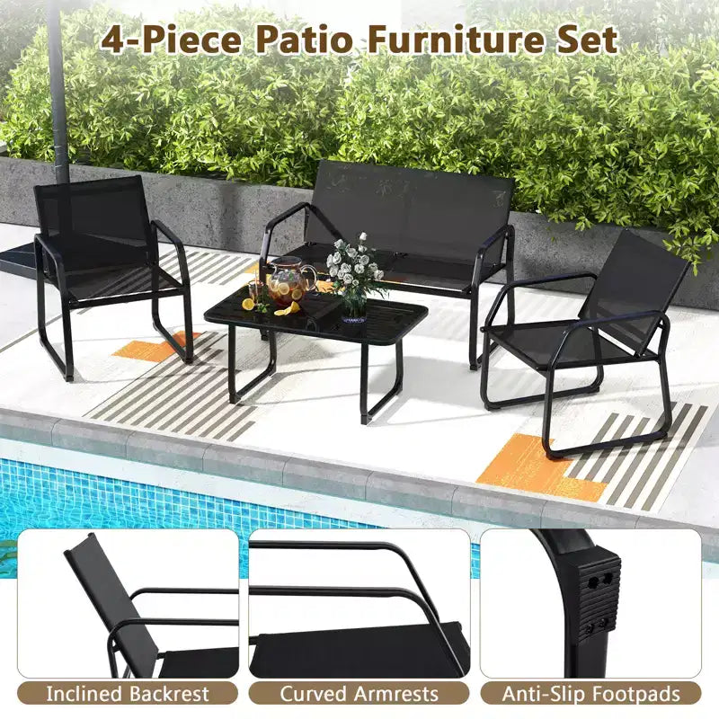 Ensemble de conversation de patio Costway 4 pièces avec siège en tissu respirant et plateau de table en verre trempé