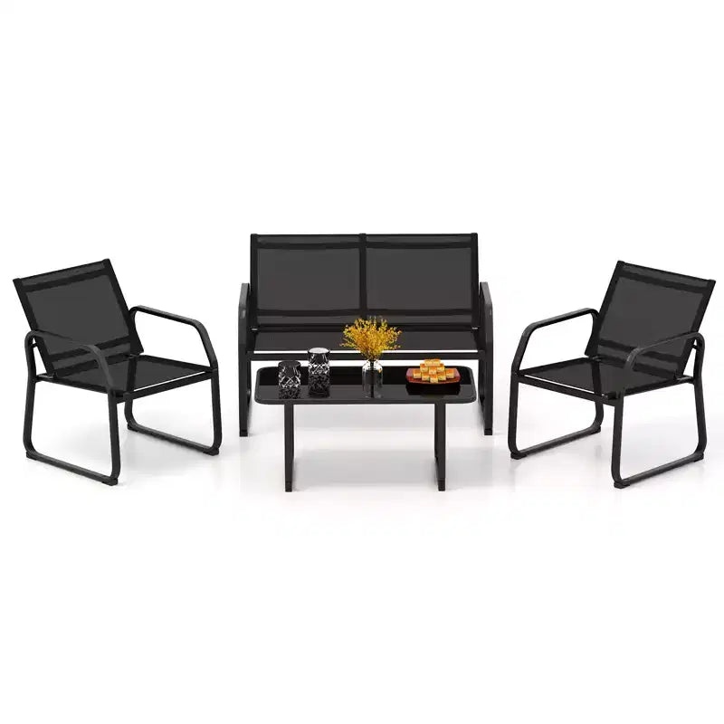 Ensemble de conversation de patio Costway 4 pièces avec siège en tissu respirant et plateau de table en verre trempé