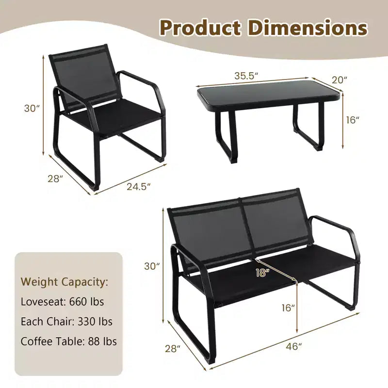 Ensemble de conversation de patio Costway 4 pièces avec siège en tissu respirant et plateau de table en verre trempé