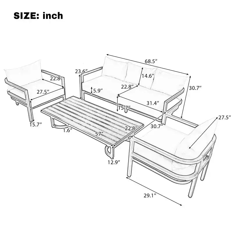 Ensemble de canapés de jardin 4 pièces en acier avec table basse, coussins imperméables, résistant à la rouille, pour arrière-cour, jardin et pelouse - Panipeachy