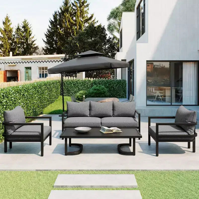 Ensemble de canapés de jardin 4 pièces en acier avec table basse, coussins imperméables, résistant à la rouille, pour arrière-cour, jardin et pelouse - Panipeachy