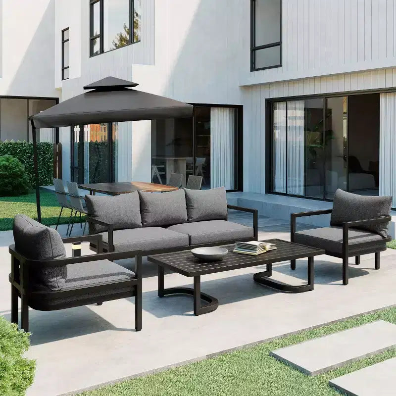 Ensemble de canapés de jardin 4 pièces en acier avec table basse, coussins imperméables, résistant à la rouille, pour arrière-cour, jardin et pelouse - Panipeachy
