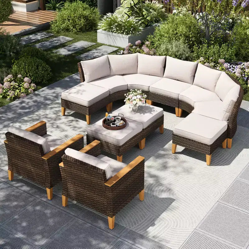 Captiva Designs 11pc Outdoor Wicker Rattan Patio Half-Moon Curved Sectional Sofa Conversation Set with Cushioned Ottoman