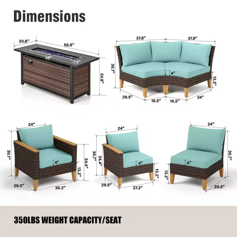 Captiva Designs Ensemble de conversation d'extérieur 9 pièces en osier/rotin, sectionnel demi-lune incurvé avec table brasero