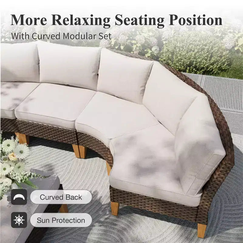 Captiva Designs Ensemble de conversation d'extérieur 9 pièces en osier/rotin, sectionnel demi-lune incurvé avec table brasero