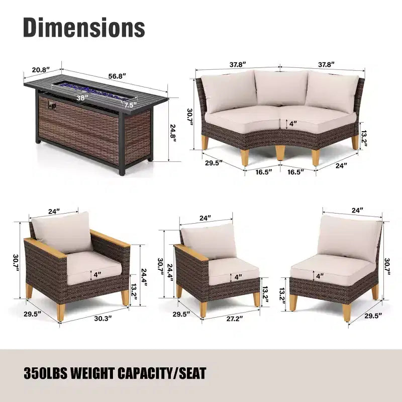 Captiva Designs Ensemble de conversation d'extérieur 9 pièces en osier/rotin, sectionnel demi-lune incurvé avec table brasero