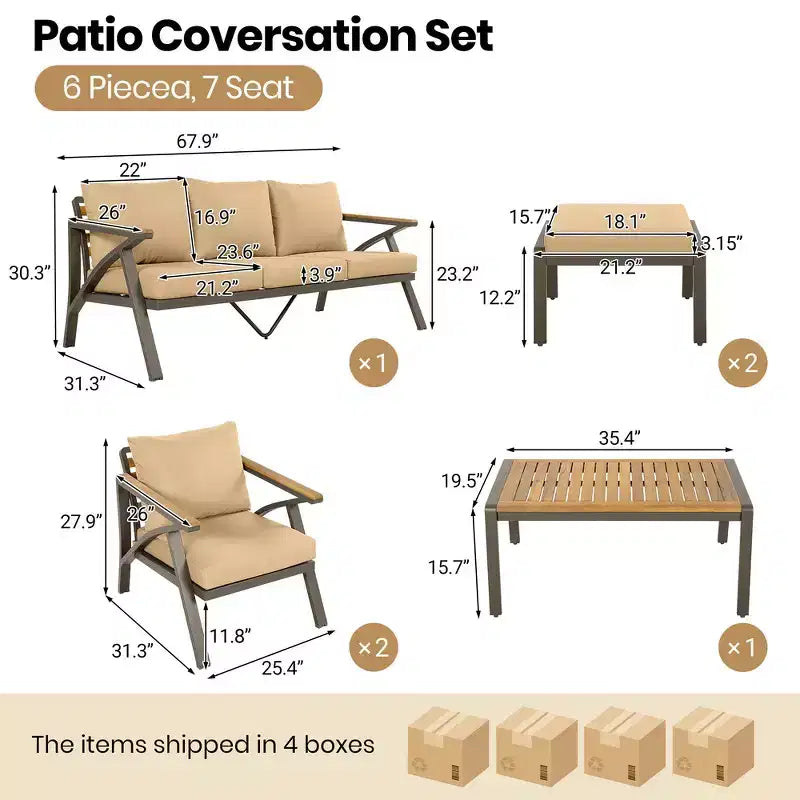 Ensemble de canapé d'angle 6 pièces Whisen pour patio, salon de jardin avec canapé 3 places, 2 fauteuils, 2 poufs, table basse