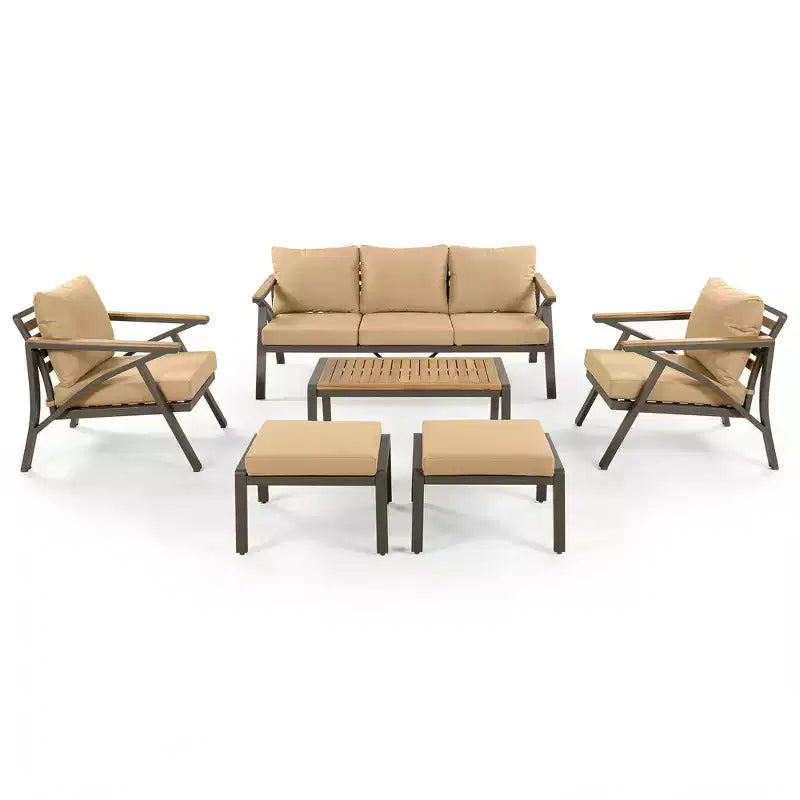 Ensemble de canapé d'angle 6 pièces Whisen pour patio, salon de jardin avec canapé 3 places, 2 fauteuils, 2 poufs, table basse
