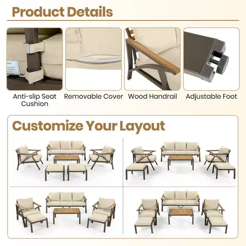 Ensemble de canapé d'angle 6 pièces Whisen pour patio, salon de jardin avec canapé 3 places, 2 fauteuils, 2 poufs, table basse