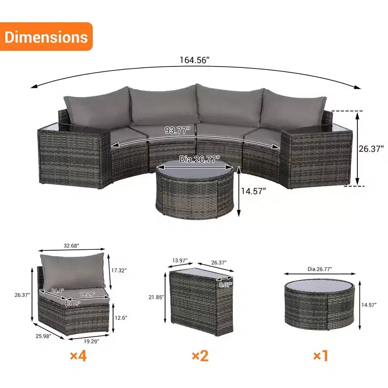 GDFStudio Halcyon Ensemble de conversation d'extérieur 7 pièces demi-lune en osier et métal avec table en verre trempé