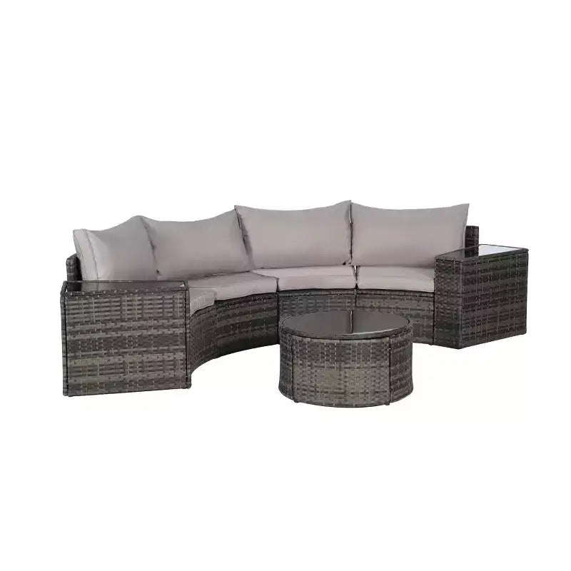 GDFStudio Halcyon Ensemble de conversation d'extérieur 7 pièces demi-lune en osier et métal avec table en verre trempé