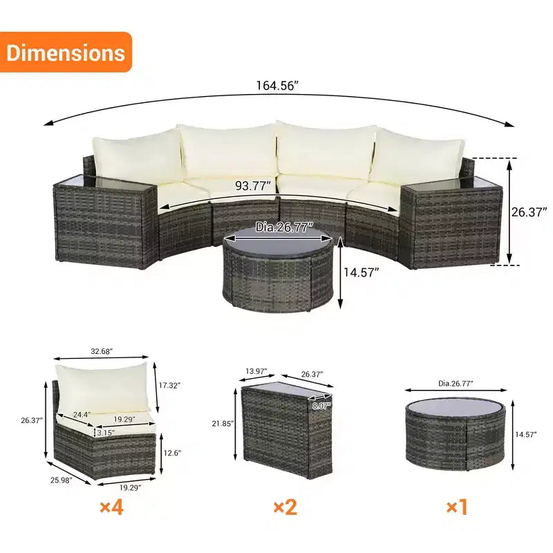 GDFStudio Halcyon Ensemble de conversation d'extérieur 7 pièces demi-lune en osier et métal avec table en verre trempé