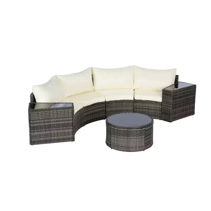 GDFStudio Halcyon Ensemble de conversation d'extérieur 7 pièces demi-lune en osier et métal avec table en verre trempé