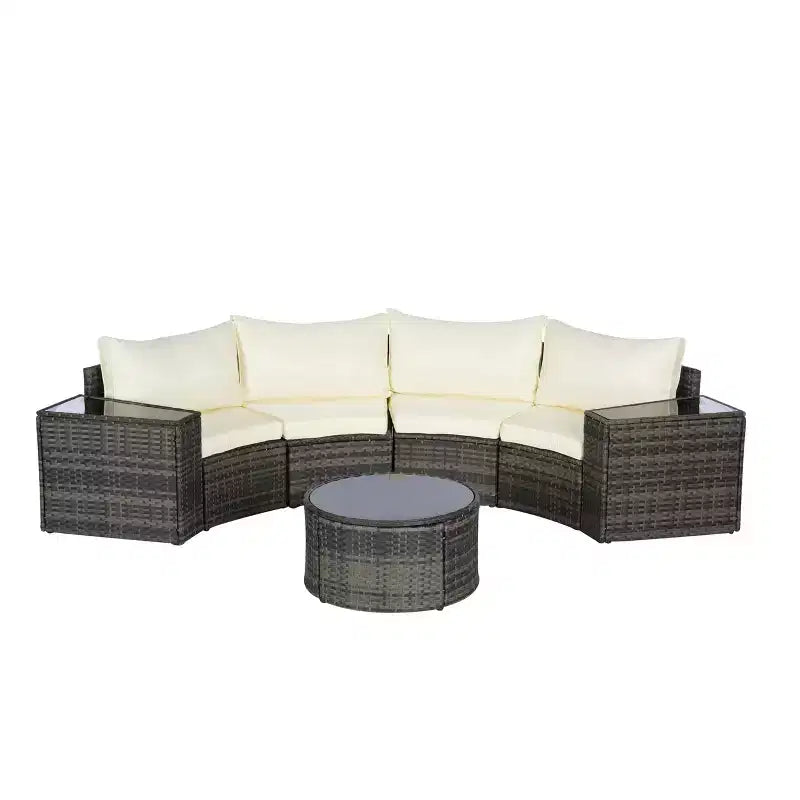 GDFStudio Halcyon Ensemble de conversation d'extérieur 7 pièces demi-lune en osier et métal avec table en verre trempé