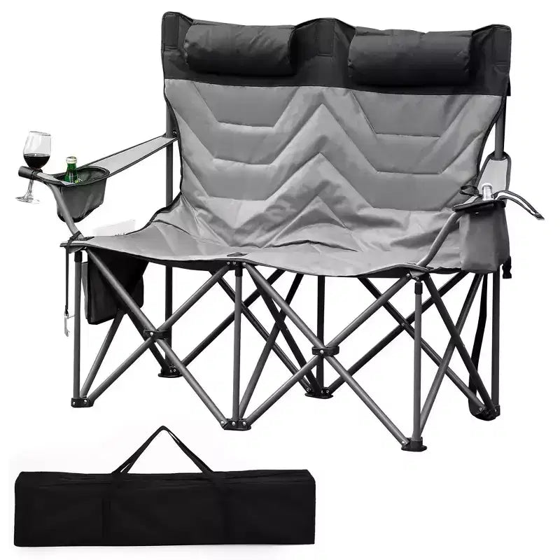Camping Chair for 2 Adults Heavy Duty Folding Outdoor Loveseat, High Back Support, Padded Seat, Headrest, Cooler Pouch, Cup Holders, 700 lbs Capacity